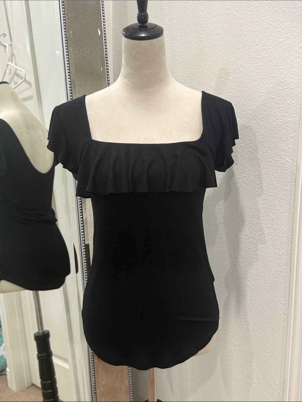 Free People Black Square-Neck Ruffle Top with Flutter Sleeves